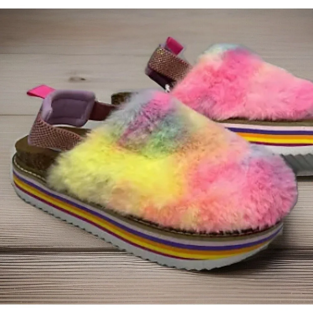 Steve Madden Shoes JKathyy Slippers Platform Faux Fur Mules Rainbow Girls Size 2